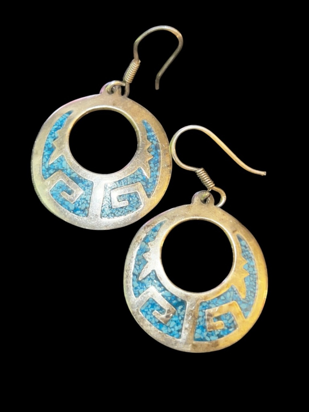 Taxco Mexico Mexican Turquoise Inlay Sterling Silver Dangle Hoop Earrings